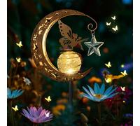 Solar Lights Outdoor Garden Ornaments, IP65 Waterproof Moon Fairy Solar Light Crackle Glass Ball, Metal Stake Lights Warm White LED for Garden Decorations Pathway Patio Lawn