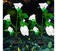 Solar Lights Outdoor Garden,ZQX 2 Pack LED Solar Rose Lights Flowers, IP65 Waterproof Stake Light, Solar Lamp with Wider Solar Panel and 10 Bigger Flower for Pathway Lawn Yard Fence Decoration(White)