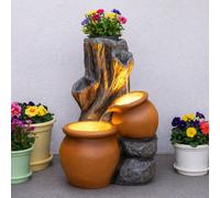 Festive Lights - 53.5cm Garden Water Feature, Rustic Tree Trunk Outdoor Fountain with Planter, Solar, USB & Mains Powered, Polyresin, LED Light, Timer, External Panel