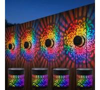 Solar Mandala Lights Outdoor, 7-Color Changing Garden Wall Lights with Projection Effect, Waterproof Metal Fence Lamp for Patio Backyard Post Decor, Gifts for Women (4Pcs)