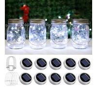 Solar Mason Jar Lights 10 Pack 20 LED Waterproof Outdoor Fairy Firefly String Light Lids with 10 Hangers Rust Resist for Patio Lawn Garden Wedding Lantern Decor No Jars (Cool White)