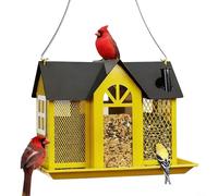 Solar Metal Bird Feeder House with Waterproof Coating and Drainage, Hanging Squirrel Proof Design with Solar Garden Light for Outdoor Wildlife, Purple(yellow)