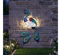 Solar Metal Wall Peacock LED Light Wall Art Garden 10 Weatherproof LEDs Peacock Wall Mounted Outdoor Decoration Garden Sculpture with Solar Light Decoration for Garden, Yard, Front Door