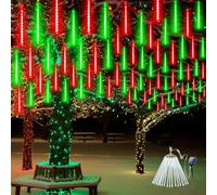 Solar Meteor Shower Lights Outdoor Decorations, Waterproof Christmas Lights Solar Powered, 16 Tubes 384LED Rain Drop Light, Snow Cascading String Light for Xmas Tree Party Garden Decor(Red and Green)