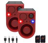 Solar Outdoor Motion Sensor Alarm with 13Sounds,KINGCOO 130db Gunshot Dog Barking Sound Red Blue LED Flashing Warning Security Strobe Light with Recording Message for Farm Yard Orchard Barn (2PCS)