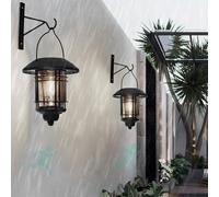 Solar Outdoor Wall Lamps with Motion Sensor Hanging Lantern Wireless Metal Wall Sconce Glass Shade IP65 Waterproof Vintage Garden Wall Lights for Garage Yard Patio Porch (Black White Light,2 Packs)