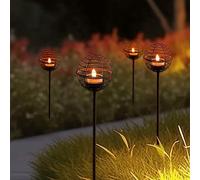 Solar Pathway Lights, Rust Iron Ball Candle Holder Stake, Flickering Solar Tea Lights, Perfect Outdoor Garden Decor - 4Pack