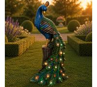 Solar Peacock Garden Ornament with 18 Light-Up Feathers, 49 cm Hand-Painted Weatherproof Resin Outdoor Statue
