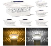 Solar Post Cap Lights Outdoor 6pack, Waterproof Solar Powered Deck Fence Post Lights Fit 4x4/5x5/6x6 Wood/Vinyl Posts, White Vinyl Fence Post lights with Warm/Cool White for garden, Patio, Porch, Deck