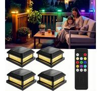 Solar Post Lights with Remote 4 Pack - RGB Color Changing Garden Post Lamp | IP65 Waterproof, Fast Charging, Fit for 3.5x3.5-5x5 inch Wood/Vinyl Post, Solar Lights Outdoor for Fence Deck Patio Mailbox