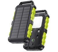 Solar Power Bank 10000mAh 22.5W PD Fast Charge IPX6 Waterproof, 3 Output Ports, 3-Mode LED Torch, Compass, Built-in USB-C & Lightning Cables for Outdoor Camping, Green