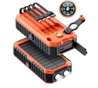 Solar Power Bank 20W - Waterproof Solar Charger | 20000mAh Hand Crank Power Bank External Battery Pack Built in Cables SOS Strobe Flashlights for Smartphones, Tablets and More