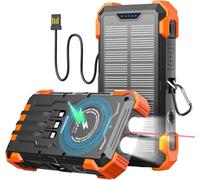 Solar Power Bank, 26800 mAh Portable Charger with 4 Built-in Cables, IPX7 Waterproof, Drop-Proof, Includes Wireless Charging & LED Flashlight for Smartphones, Tablets, and Outdoor Camping