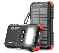 Solar Power Bank 26800 mAh with 3 Cables, Solar Charger USB C Quick Charge 5 Outputs 3 Inputs Waterproof Outdoor Camping External Battery with Carabiner & Torches for Phones, Tablets