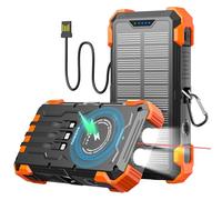 Solar Power Bank 26800mAh with 4 Built-in Cables, Portable Solar Charger with Fast Charging USB-C, Wireless Power Bank with Dual LED Flashlights, for Mobile Phones, Tablets & Camping (Orange)