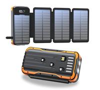 Solar Power Bank 27000 mAh, Portable Charger with 4 External Solar Panel Foldable Chargers, 4 Integrated Cables, USB C External Solar Battery with 2 LED Flashlights, for iPhone, Tablets (Orange)