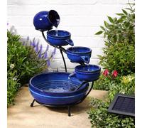 Solar Power Blue Ceramic Neptune Cascading Bowls Outdoor Water Fountain Feature