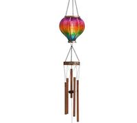 Solar Powered (104cm) Rainbow Flame Effect Wind Chime Hot Air Balloon | Warm White LEDs Integrated Panel, Multicoloured Hanging Flaming Garden Light Auto Dusk to Dawn