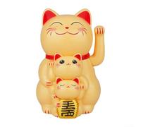 Solar Powered Automatic Waving Lucky Cat Ornament, Battery- Maneki Neko Figurine for Home Shop Office Checkout Counter Decor, Good Luck Wealth Symbol with Red Base,(Yellow)