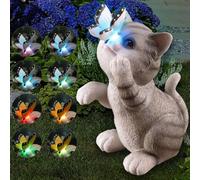 Solar Powered Cat Statue Outdoor Decor - LED Butterfly Lights Color Changing Resin Sculpture for Garden Patio Lawn Gift for Grandma Mom Cat Enthusiasts