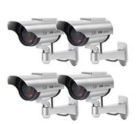 Solar Powered Dummy Security Camera, Bullet Fake Surveillance System with Realistic Red Flashing Lights and Warning Sticker Indoor Outdoor (4, Silver)