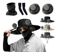 Solar Powered Fan Hat, 2026 Outdoor Wide Brim Sun Hats with 2 Fans Solar Power for Adults - Summer UV Protection Fishing Hat USB Charging with Arm Sleeves and Face Covering Mask (Black)