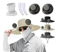Solar Powered Fan Hat, 2026 Outdoor Wide Brim Sun Hats with 2 Fans Solar Power for Adults - Summer UV Protection Fishing Hat USB Charging with Arm Sleeves and Face Covering Mask (Khaki)