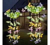 Solar Powered Hanging Garden Lights 2 Pack, Butterfly & Flower Outdoor Decor with 66 LEDs, IP65 Waterproof Solar Lanterns for Patio, Birthday Gifts for Women Mothers Grandmothers