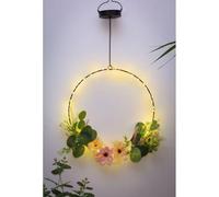 Solar Powered Hanging Hoop Light with Artificial Flowers Wreath LED Light Up Outdoor Garden Decoration fr Front Door for Spring Auto Rechargeable Solar Wreath for Garden, Patio