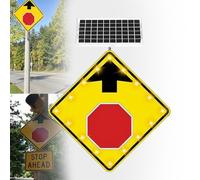 Solar Powered Illuminated Stop Ahead Sign 24"x30", Diamond Grade Reflective Aluminum Traffic Sign, LED Blinking Arrow Road Warning Marker For Highway Outdoor Use(30in)