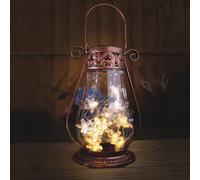Copper Effect Solar Powered Lantern with Fairy Lights - Freestanding or Hanging Outdoor Garden Tabletop Lighting Ornament with Butterfly Pattern & Flower Shaped String Lights - H32 x 15cm Diameter