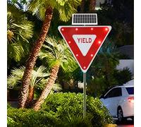 Solar Powered LED Flashing Yield Sign, 28"x28" IP65 Waterproof Aluminum Traffic Sign with Engineer Grade Reflective Film & Rust-Proof Metal Frame, All-Purpose Warning Sign for Roads