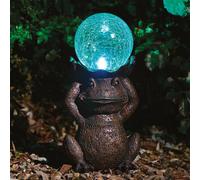 Solar Powered Led Frog Garden Ornament - Hand Painted Polyresin Sculpture With Light Up Crackle Glass Ball - H38 X W21 X D15Cm