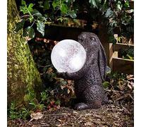 Garden Mile Ornament with Crystal Ball Solar Power Garden Pond Light | Hand Painted Poly Resin Tarnished Bronze Effect Garden Statue Ornament | Outdoor Patio and Pond Lighting (Hare)