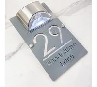 Solar Powered LED House Number Sign - Personalised Illuminated Door Plaque with Laser Engraving - Auto ON at Night - Waterproof Acrylic Address Plate for Home Wall or Gate (Gray silver)