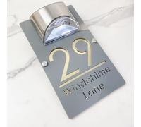 Solar Powered LED House Number Sign - Personalised Illuminated Door Plaque with Laser Engraving - Auto ON at Night - Waterproof Acrylic Address Plate for Home Wall or Gate (Gray gold)