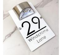 Solar Powered LED House Number Sign - Personalised Illuminated Door Plaque with Laser Engraving - Auto ON at Night - Waterproof Acrylic Address Plate for Home Wall or Gate (White black)