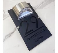 Solar Powered LED House Number Sign - Personalised Illuminated Door Plaque with Laser Engraving - Auto ON at Night - Waterproof Acrylic Address Plate for Home Wall or Gate (Black black)
