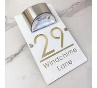 Solar Powered LED House Number Sign - Personalised Illuminated Door Plaque with Laser Engraving - Auto ON at Night - Waterproof Acrylic Address Plate for Home Wall or Gate (White gold)