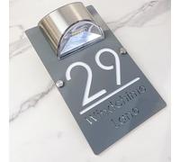Solar Powered LED House Number Sign - Personalised Illuminated Door Plaque with Laser Engraving - Auto ON at Night - Waterproof Acrylic Address Plate for Home Wall or Gate (Gray white)