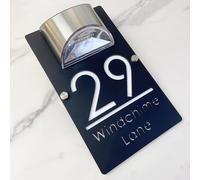 Solar Powered LED House Number Sign - Personalised Illuminated Door Plaque with Laser Engraving - Auto ON at Night - Waterproof Acrylic Address Plate for Home Wall or Gate (Black white)