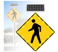 Solar Powered LED Pedestrian Crossing Sign Flashing Yellow/Black Crosswalk Warning Sign with Reflective Film IP65 Weatherproof Aluminum Frame for School Park City Street(30IN(76CM))