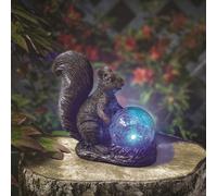 Solar Powered Led Squirrel Garden Ornament - Hand Painted Polyresin Sculpture With Light Up Crackle Ball - H18.5 X W19.5 X D9Cm