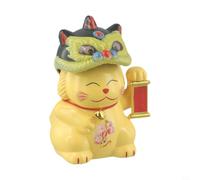 Solar Powered Lucky Cat Ornament, Light Sensing Automatic Nodding Lion Dance Figure, Plastic Dashboard Decor for Car Home Office, Traditional Good Luck For(Yellow)