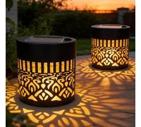 Solar-Powered Mandala Projector Light, 2 Pack Decorative Fence Lights, Waterproof Outdoor Warm Yellow Lighting, Black Iron, 8.5cm
