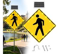 Solar Powered Pedestrian Crossing Sign, Aluminum Pedestrian Road Warning Signs, 16 LED Lights, Engineer Grade Reflective Film, for Villa Community Roads and Pedestrian Zones(24")