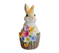 Solar Powered Resin Rabbit Sitting in Basket Decoration, Garden Courtyard Home Ornament, Multicolour, 20cm