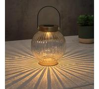 Solar Powered Ribbed Glass Lantern Outdoor Light - Solar Hanging Lantern with Warm LED Glow, Ribbed Glass Design, Decorative Garden Patio Pathway Table Lamp for Home, Yard & Camping Use A119 (Gold)