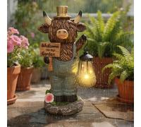 Solar-Powered Scottish Highland Bull Garden Welcome Light, 5.9in Highland Cow Gnome Solar Garden Statue with Lantern, Waterproof Animal Sculptures for Yard Patio Lawn (1pc)
