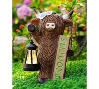 Solar Standing Highland Cow with Solar Lantern - Brown Animal Garden Ornament with Flower Accents, Wooden Welcome Sign, Front Door/Patio/Garden Decor, Unique Housewarming Gift for Homeowners, Mum